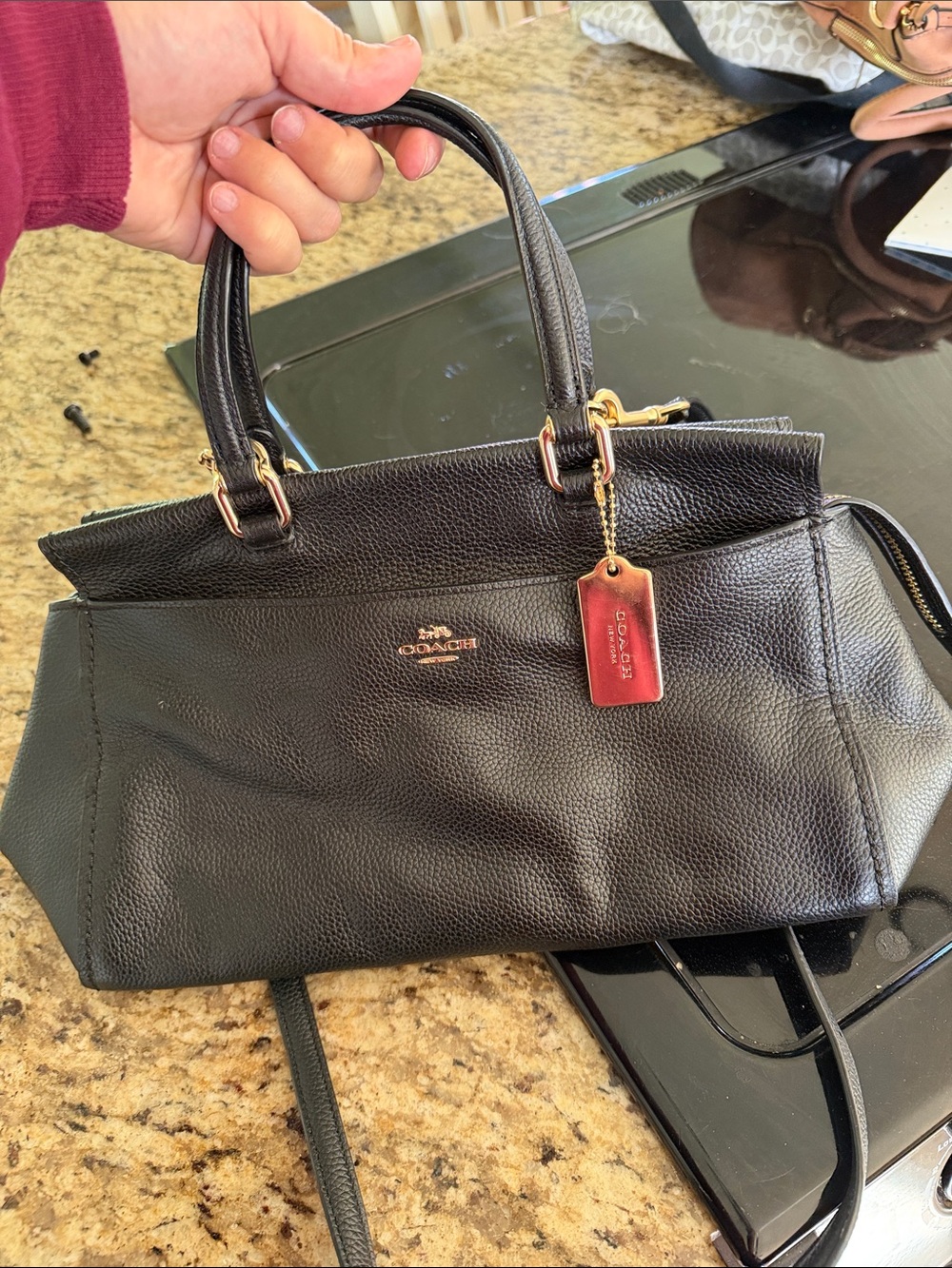 Coach Black Pebbled Leather Satchel with Red Tag